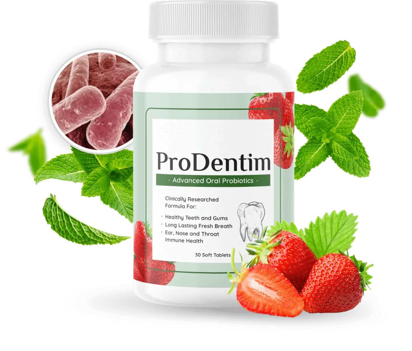 ProDentim Advanced Oral Probiotics bottle with strawberry and mint imagery